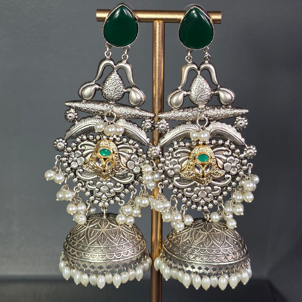 Eshale Oxidised Large Green Jhumkas