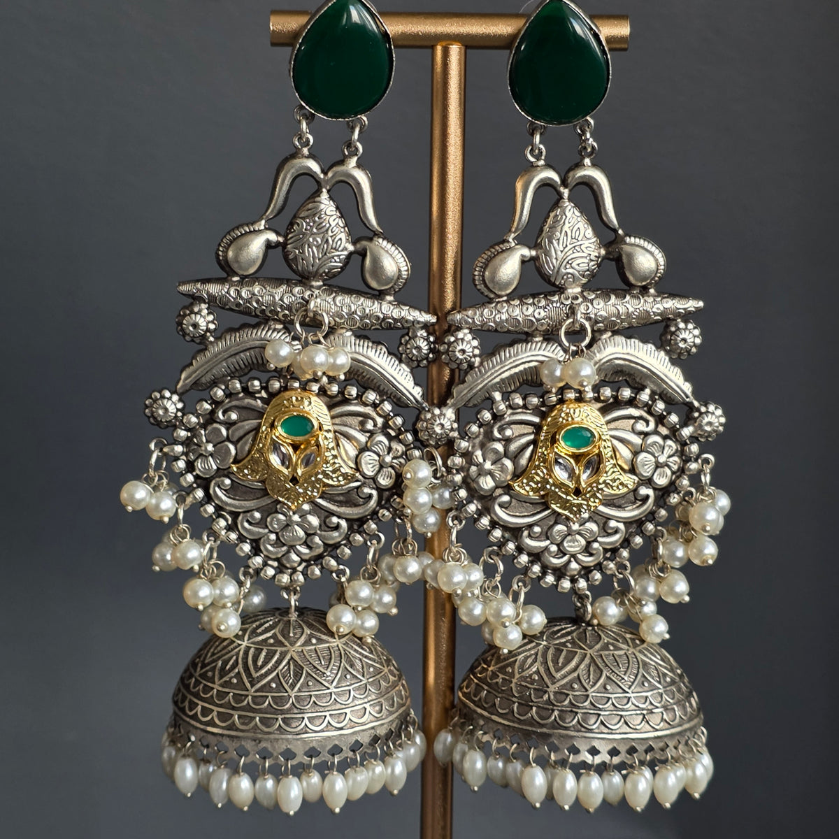 Eshale Oxidised Large Green Jhumkas