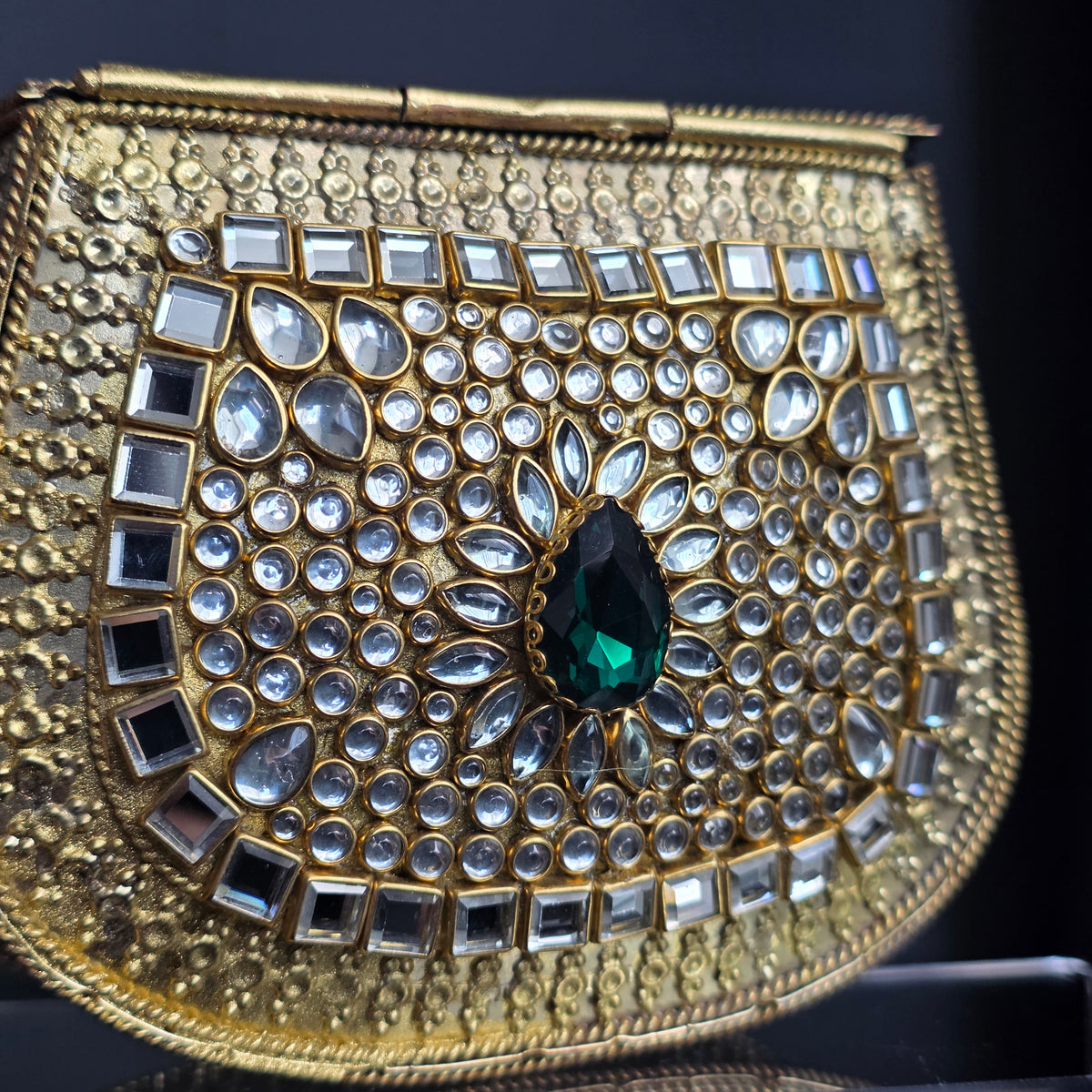 Kundan Encrusted Emerald Green Stone Clutch