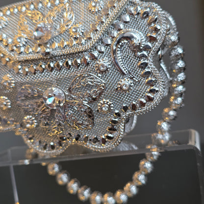 Silver Flower Metal Stone Clutch