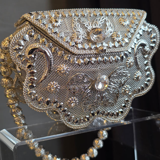 Silver Flower Metal Stone Clutch