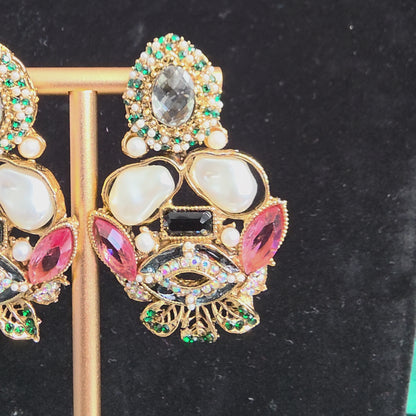 Elara Mixed Stone Statement Earrings (Black, Pink, Green)