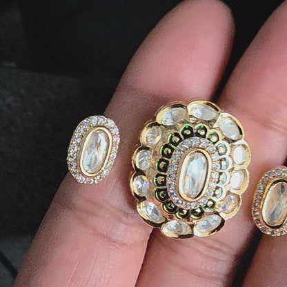 Elyzae Polki Kundan Gold and Crystal Double Finger Ring