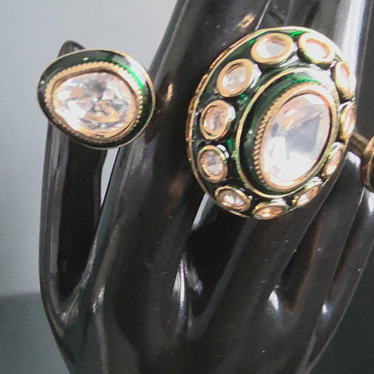 Elyzae Polki Kundan Emerald Double Finger Ring