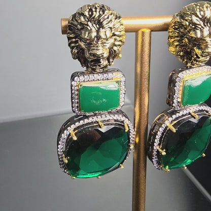 Elyzae Lion Emerald Green Stone Earrings