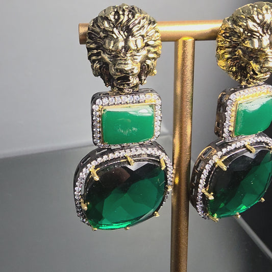 Elyzae Lion Emerald Green Stone Earrings image 2