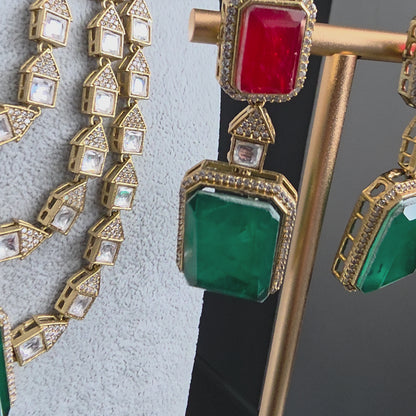 Elyzae Green, Pink & Red Stone Triple Layer Mala Set