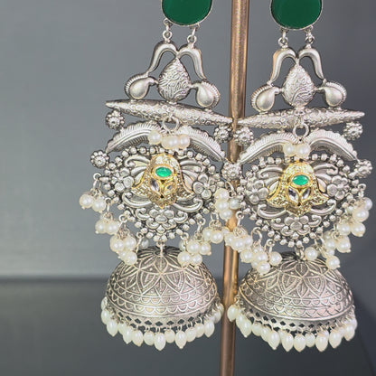 Eshale Oxidised Large Green Jhumkas