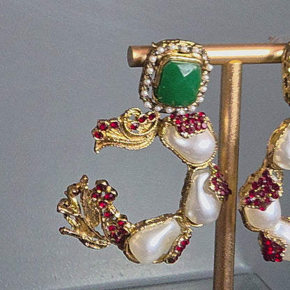Elara Red & Emerald Green C-Hoop Statement Earrings