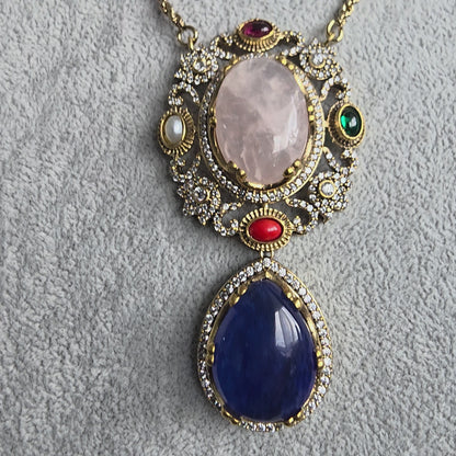 Elyzae Sabyasachi Pink & Blue Stone Chain Mala set