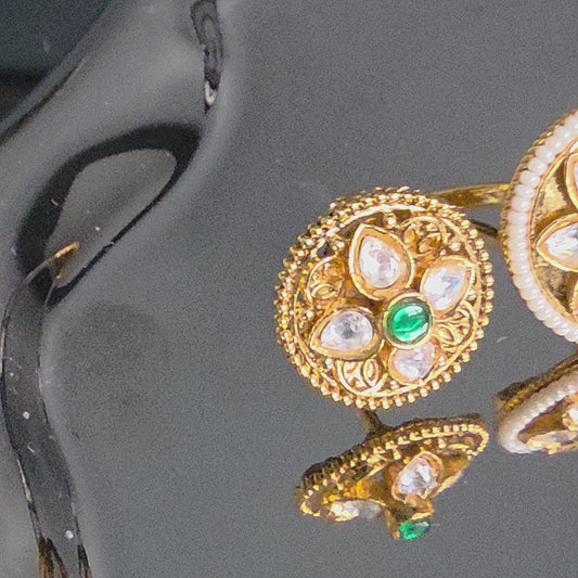 Eshale Kundan Green and Pink Double Finger Ring image 2