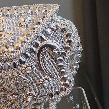 Silver Flower Metal Stone Clutch