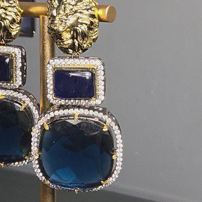 Elyzae Lion Navy Blue Stone Statement Earrings