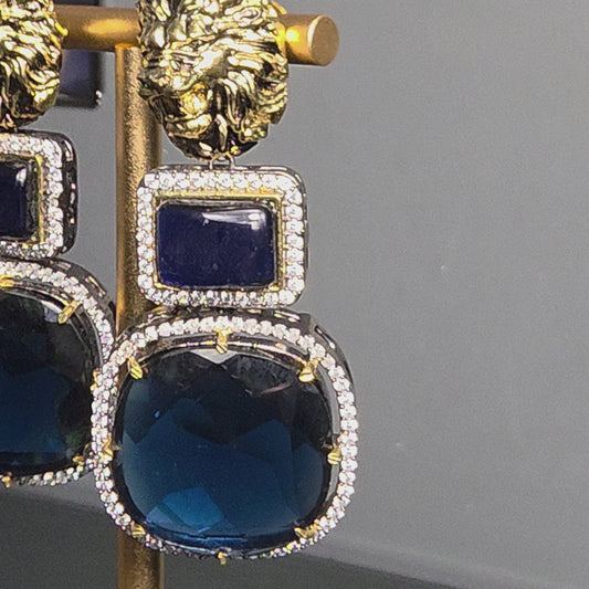 Elyzae Lion Navy Blue Stone Statement Earrings image 2