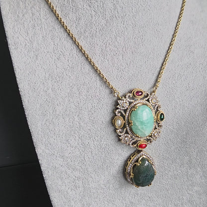 Elyzae Sabyasachi Turquoise & Forest Green Stone Chain Mala set