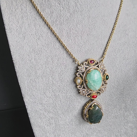 Elyzae Sabyasachi Turquoise & Forest Green Stone Chain Mala set image 2